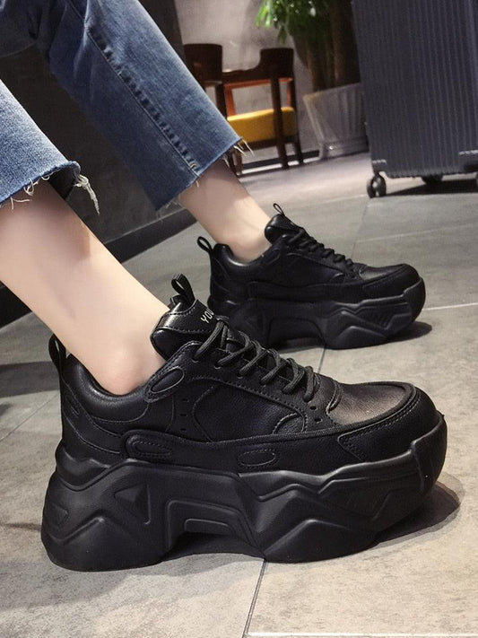Stevvex Women Platform Sneakers black leather with chunky platform sole, lace-up pair on Tampa Home & Garden Store