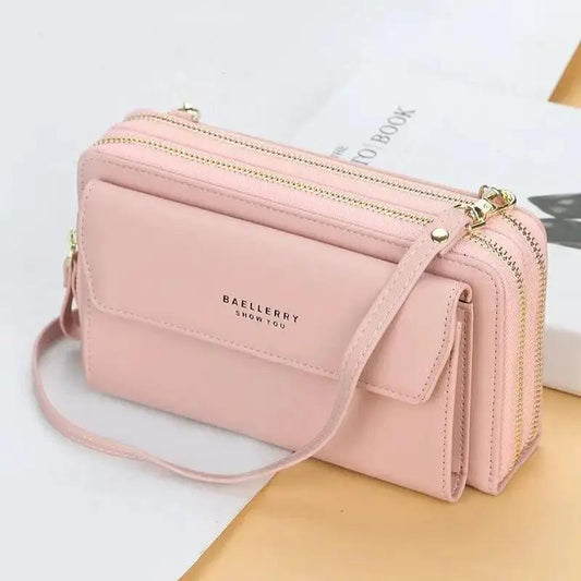 Women PU leather double-layer pink crossbody bag by Baellerry with gold zippers and front pocket on Tampa Home & Garden Store