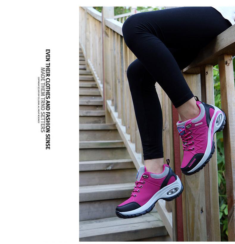 Stevvex women's pink mesh lace-up athletic sneakers with air cushion platform on stairs on Tampa Home & Garden Store