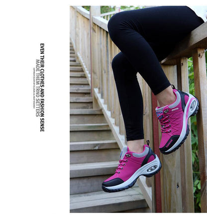 Stevvex women's pink mesh lace-up athletic sneakers with air cushion platform on stairs on Tampa Home & Garden Store