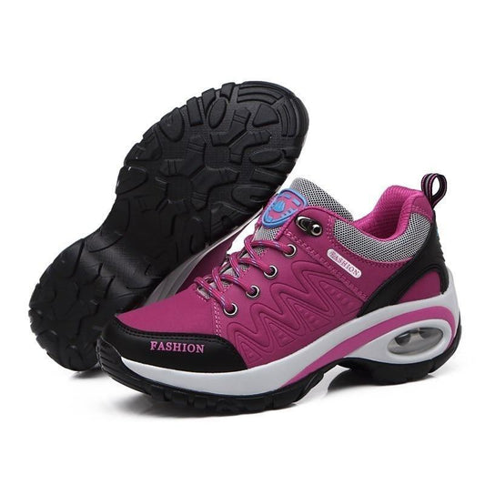 Pink mesh women athletic sneakers with air cushion sole, lace-up platform, rugged outsole on Tampa Home & Garden Store