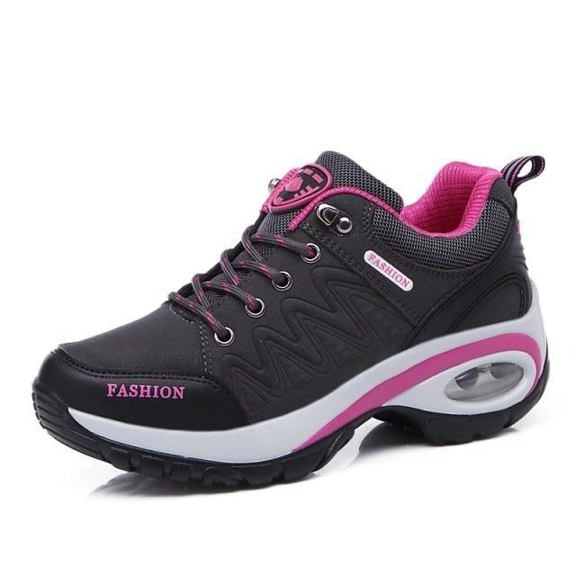 Womens Stevvex mesh athletic sneakers with air cushion, black pink accents, lace-up platform on Tampa Home & Garden Store