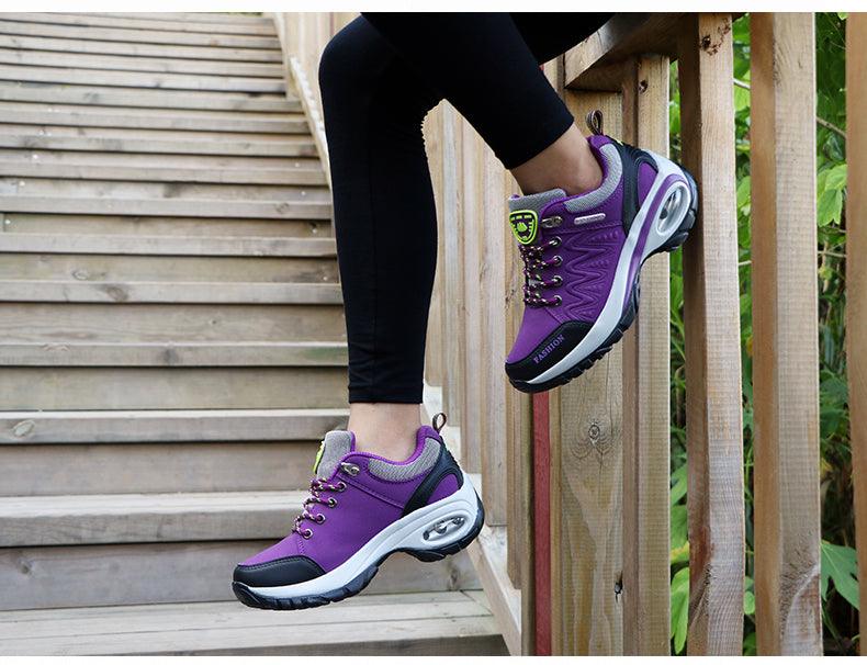 Stevvex women's purple mesh athletic sneakers with air cushion, lace-up, 2 sneakers on stairs on Tampa Home & Garden Store