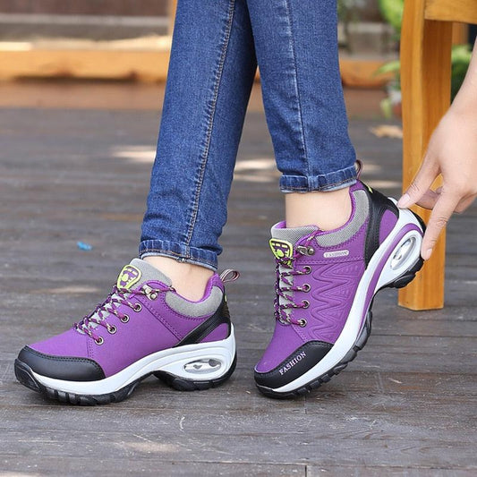 Women’s Stevvex athletic sneakers, purple breathable mesh upper, lace-up, high platform, black toe cap, white sole on Tampa Home & Garden Store