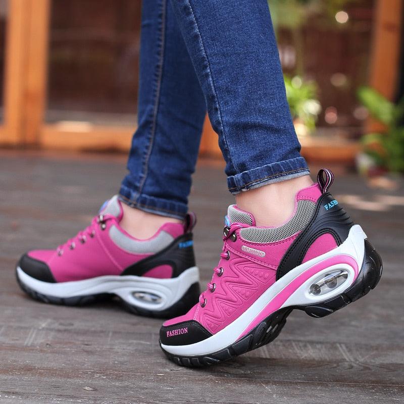Women Running Air Cushion Athletic Sneakers Stevvex pink mesh lace-up platform athletic shoes pair on Tampa Home & Garden Store