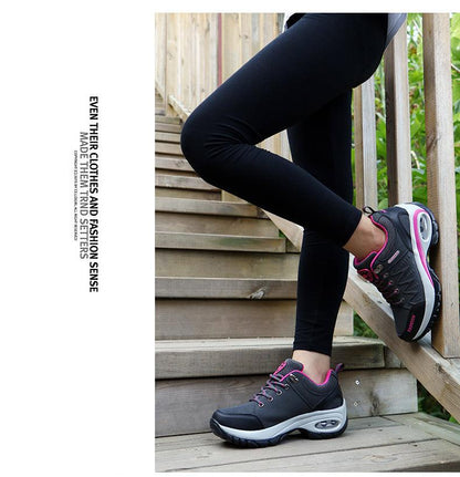 Stevvex women's athletic sneakers with air cushion sole, grey mesh pink trim on black leggings on Tampa Home & Garden Store