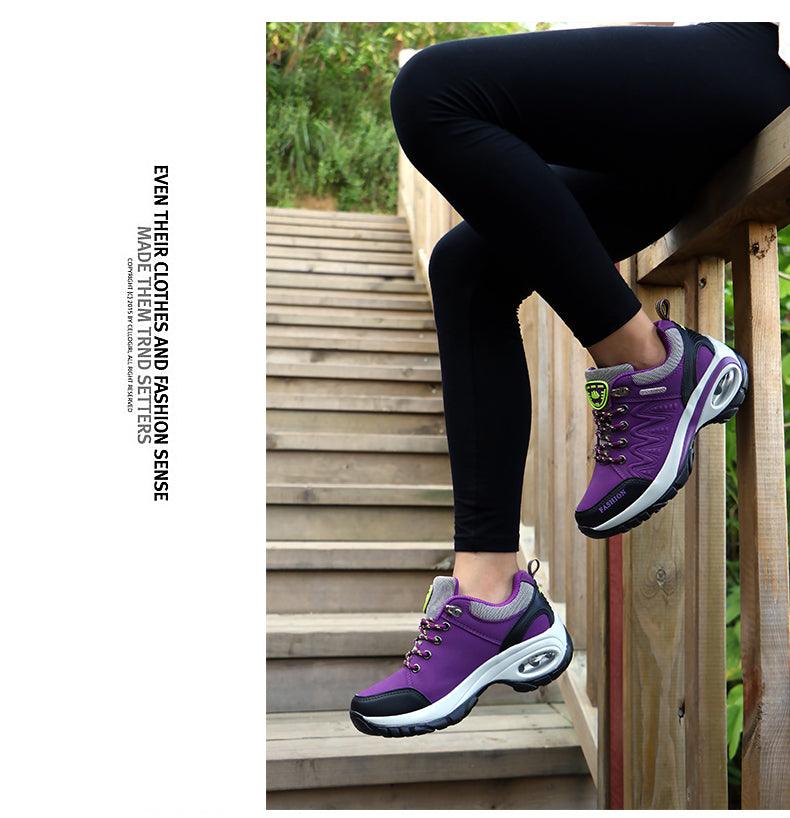 Stevvex women running sneakers in purple with black accents platform lace-up mesh on stairs on Tampa Home & Garden Store