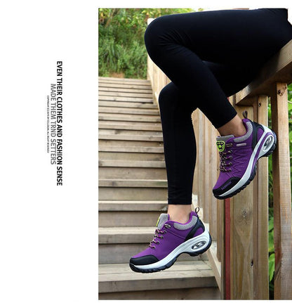 Stevvex women running sneakers in purple with black accents platform lace-up mesh on stairs on Tampa Home & Garden Store