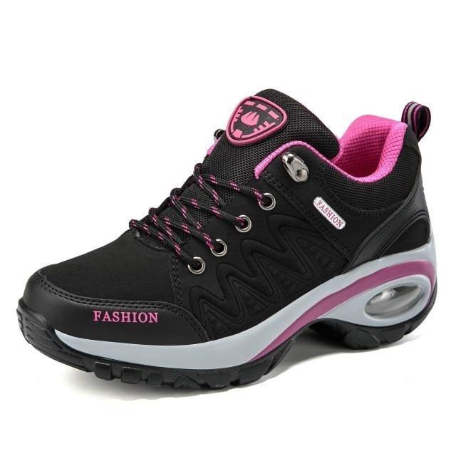 Stevvex women's running sneakers, black mesh with pink accents, lace-up air cushion sole on Tampa Home & Garden Store