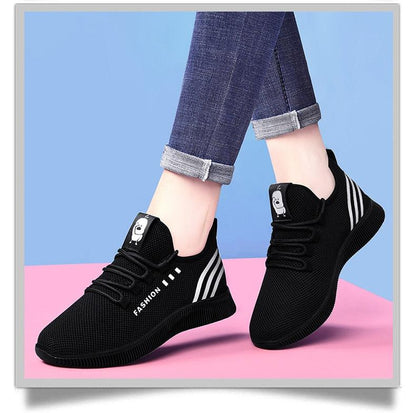 Stevvex women's black mesh running shoes with white stripes, breathable lightweight sneakers on Tampa Home & Garden Store