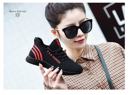 Women running shoes Stevvex, black Air Mesh sneakers with red stripes, athletic footwear on Tampa Home & Garden Store