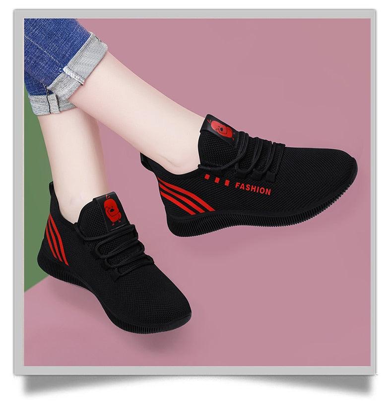 Stevvex women running shoes black air mesh sneakers with red accents athletic footwear on Tampa Home & Garden Store