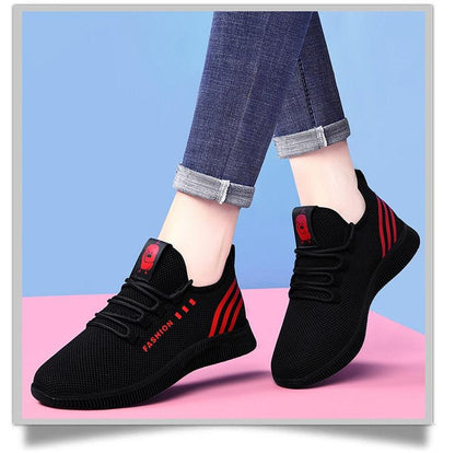 Women running shoes breathable air mesh lightweight black sneakers with red stripes lace-up on Tampa Home & Garden Store