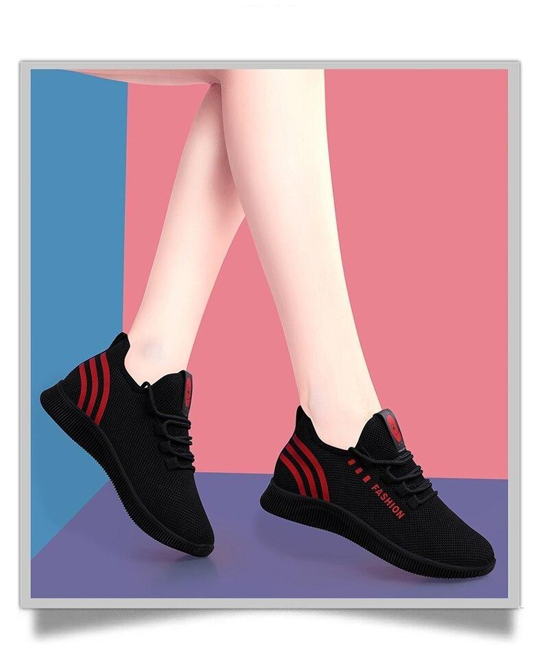 Women running shoes Stevvex black mesh with red accents, breathable lightweight sneakers on Tampa Home & Garden Store