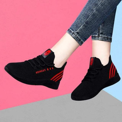 Stevvex Women Running Shoes breathable black mesh sneakers with red stripes on Tampa Home & Garden Store