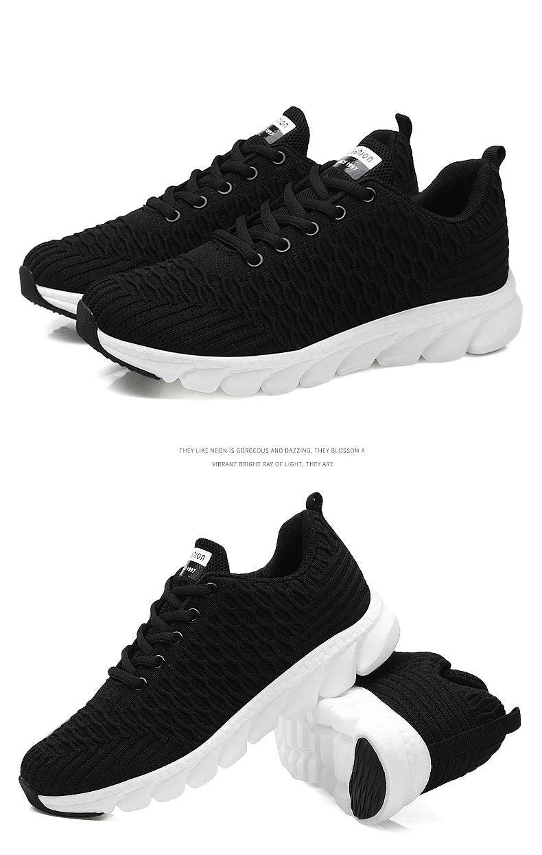 Stevvex women running sneakers black knit upper lace-up with white chunky sole pair on Tampa Home & Garden Store