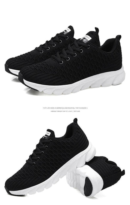 Stevvex women running sneakers black knit upper lace-up with white chunky sole pair on Tampa Home & Garden Store