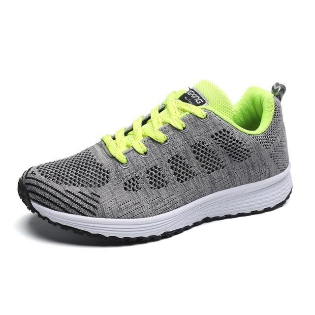 Stevvex women running sneakers grey breathable mesh with neon lime laces, white midsole on Tampa Home & Garden Store