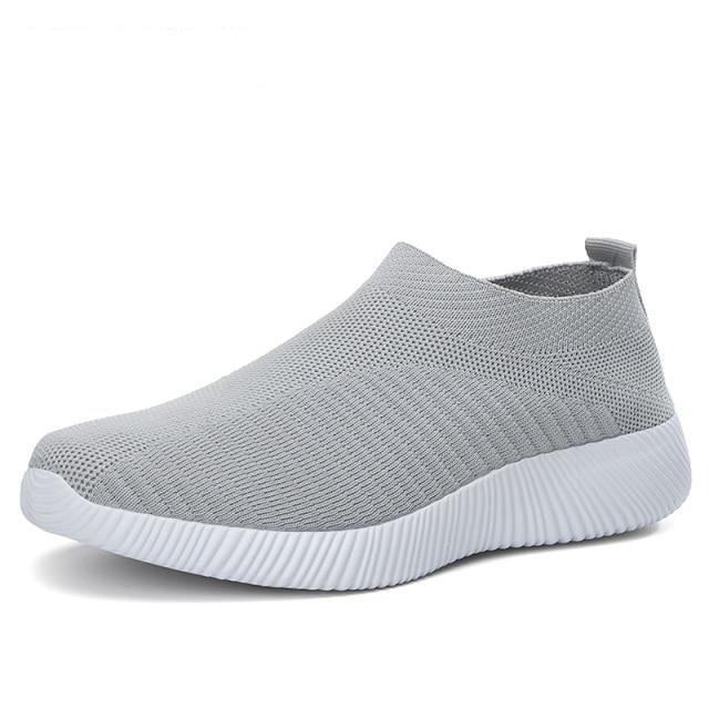 Stevvex Women Running Sneakers knit gray upper, lightweight breathable mesh, white sole on Tampa Home & Garden Store
