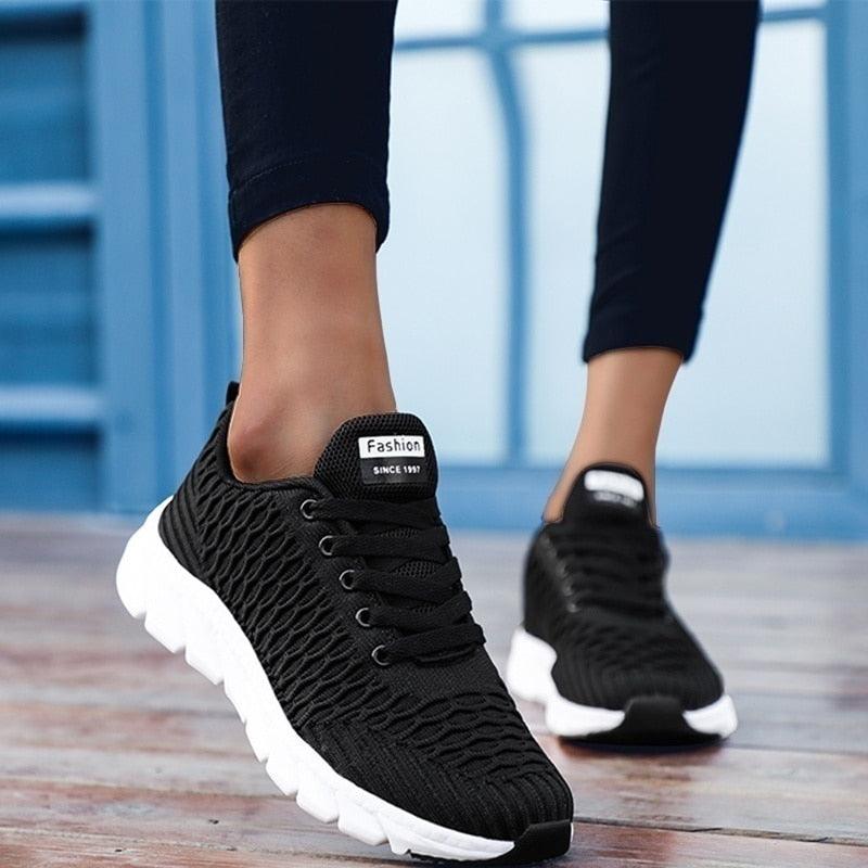 Stevvex running sneakers black knit upper breathable lightweight lace-up with white sole on Tampa Home & Garden Store