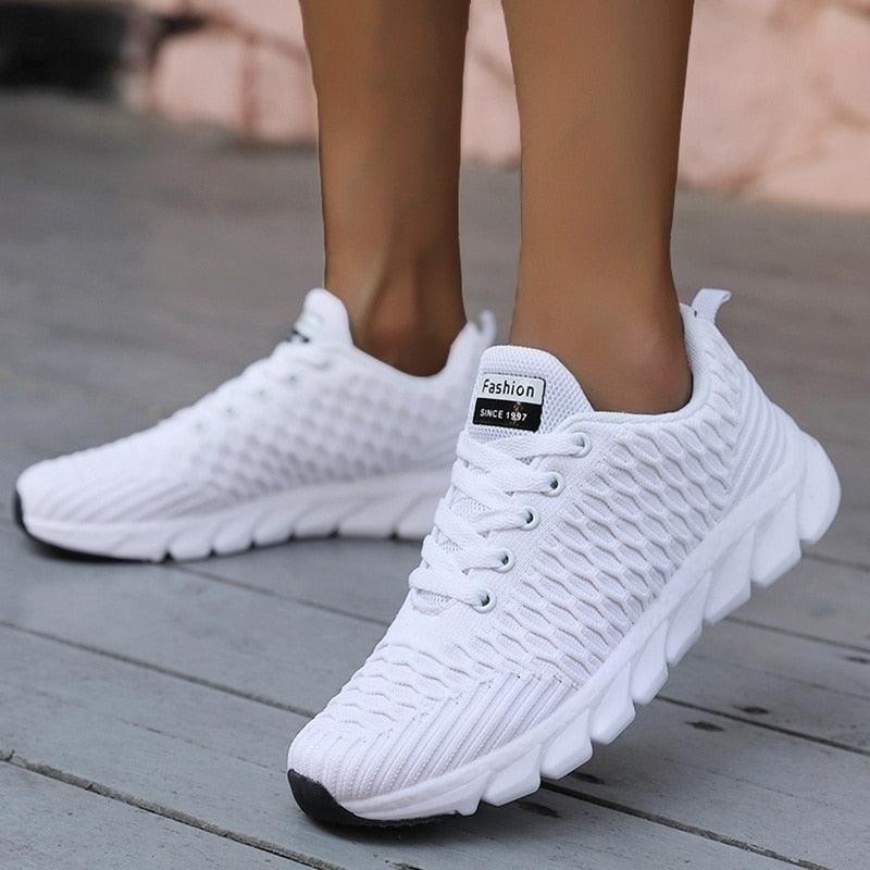 Stevvex Women Running Sneakers white breathable knit mesh lace-up casual athletic shoes on Tampa Home & Garden Store
