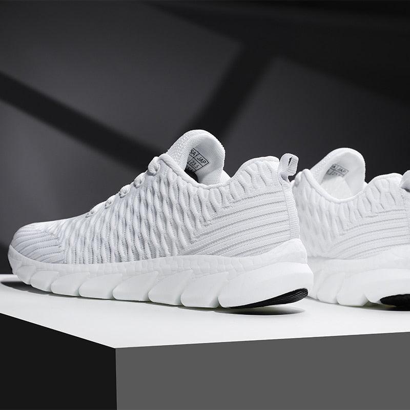 Women running sneakers Stevvex white breathable mesh knit lightweight lace-up pair on Tampa Home & Garden Store