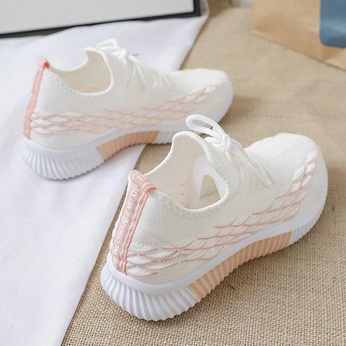 Women Running Sneakers Stevvex white with peach mesh accents and a chunky non-slip sole on Tampa Home & Garden Store