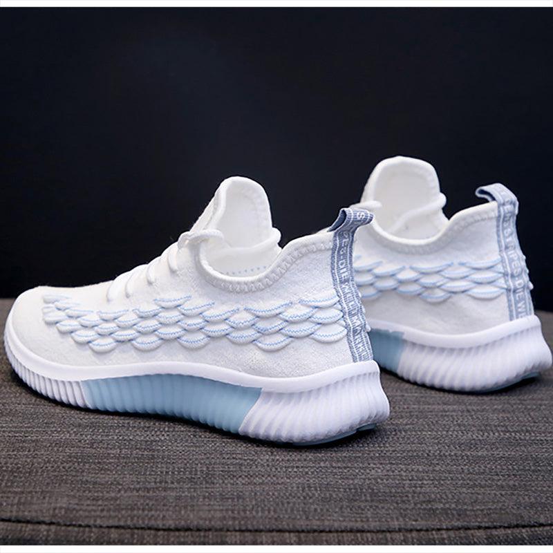 Women running sneakers Stevvex white knit upper with blue stitching and blue outsole pair on Tampa Home & Garden Store