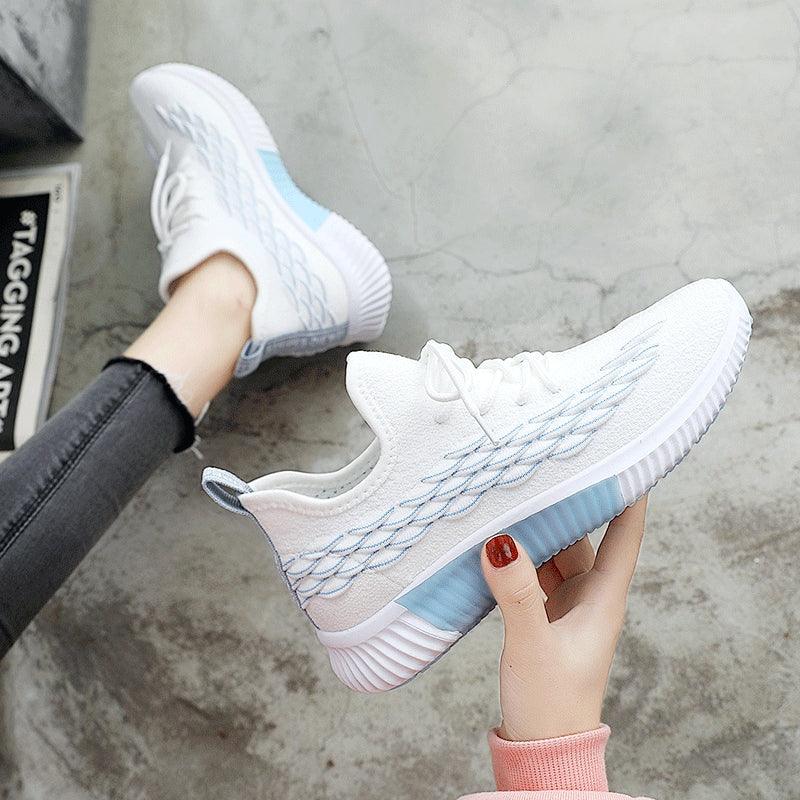 Stevvex women's running sneakers white knit upper with blue accents non-slip athletic shoe on Tampa Home & Garden Store