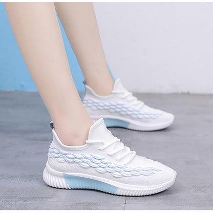 Stevvex Women Running Sneakers ST85SH0704AVH white knit upper with blue sole accents pair on Tampa Home & Garden Store