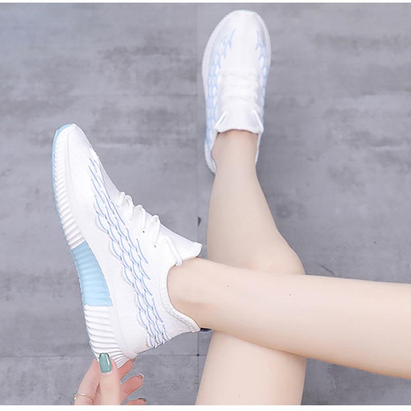 Women Running Sneakers Stevvex white with light blue knit panels, breathable non-slip sole on Tampa Home & Garden Store