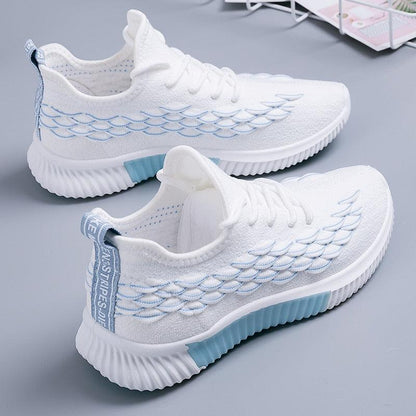 Sneakers Stevvex white knit with blue wave stitching, light blue accents, pair on Tampa Home & Garden Store