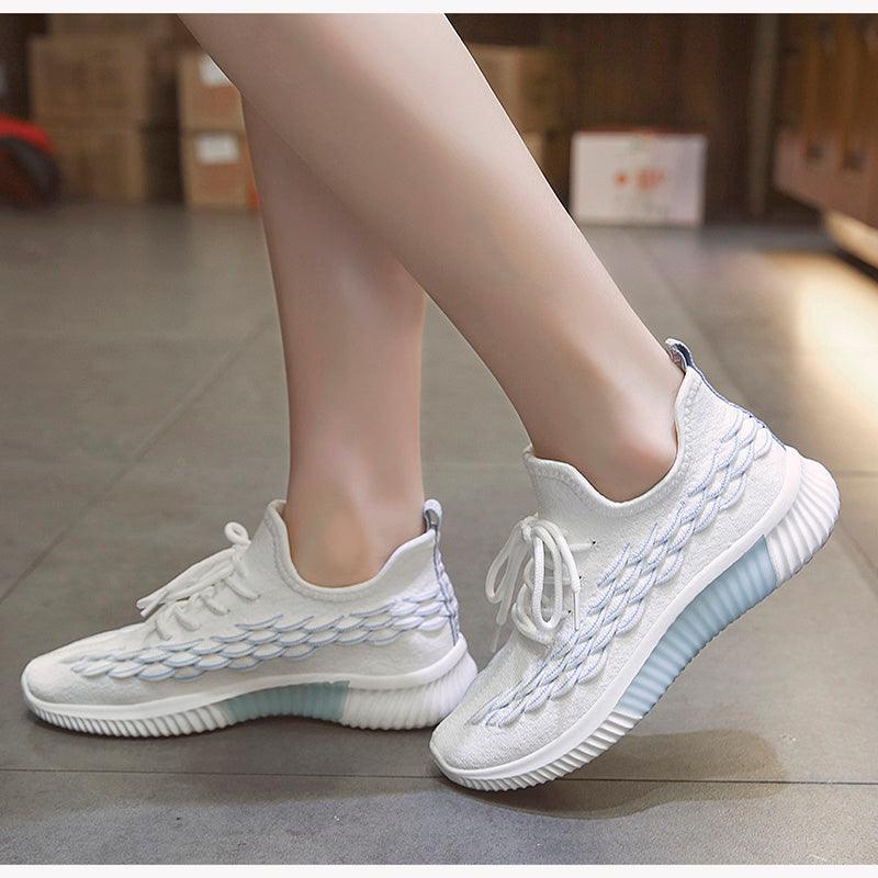 Stevvex women running sneakers white breathable knit side scale pattern light blue sole on Tampa Home & Garden Store