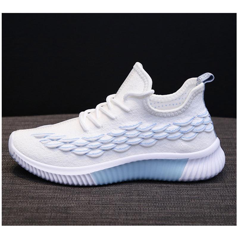 Stevvex women running sneakers white knit upper with blue wave pattern and light blue sole on Tampa Home & Garden Store