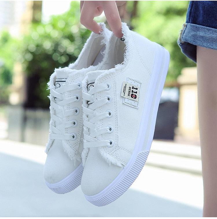 Stevvex women's white canvas sneakers, low-top lace-up with frayed edges on Tampa Home & Garden Store