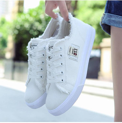 Stevvex women's white canvas sneakers, low-top lace-up with frayed edges on Tampa Home & Garden Store