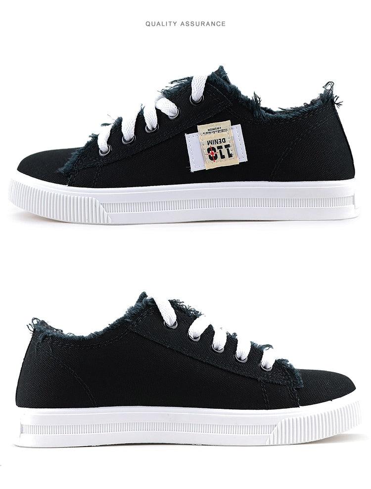 Women's canvas sneakers Stevvex in black with frayed edges, lace-up, low top with white sole on Tampa Home & Garden Store