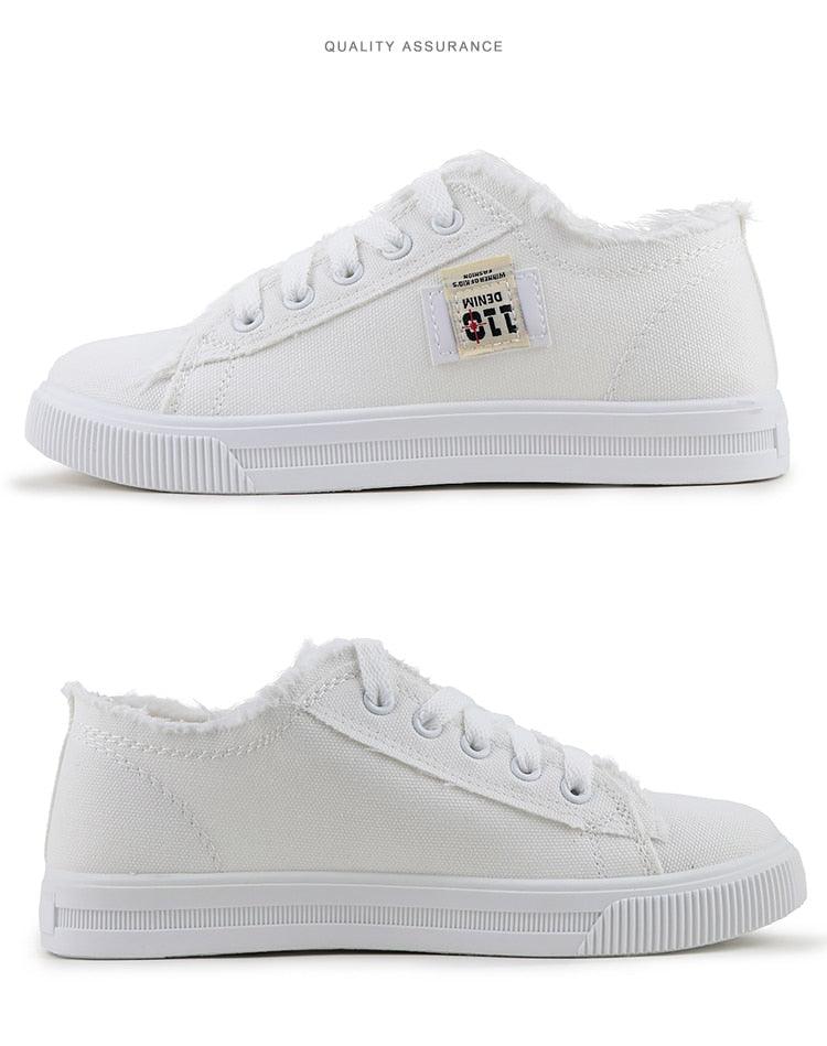Women's canvas sneakers white low-top lace-up with frayed-edge collar Stevvex on Tampa Home & Garden Store