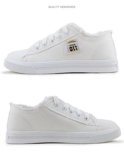 Women's canvas sneakers white low-top lace-up with frayed-edge collar Stevvex on Tampa Home & Garden Store