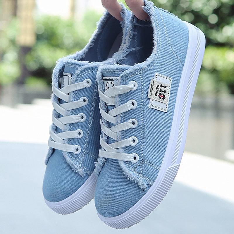 Stevvex women's light blue canvas sneakers with white laces, frayed-edge detailing, low-top pair with white soles on Tampa Home & Garden Store