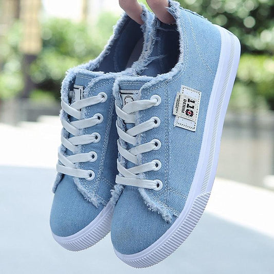 Stevvex women's light blue canvas sneakers with white laces, frayed-edge detailing, low-top pair with white soles on Tampa Home & Garden Store