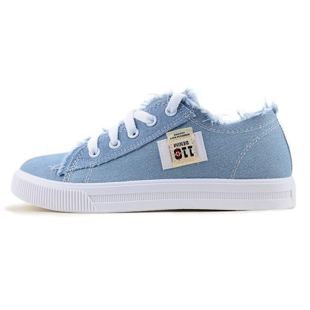 Women's canvas sneakers light blue denim, lace-up low-top with white sole Stevvex on Tampa Home & Garden Store