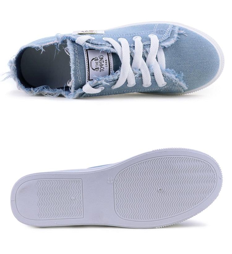 Stevvex women's light blue canvas sneakers with frayed edges, lace-up low-top casual on Tampa Home & Garden Store