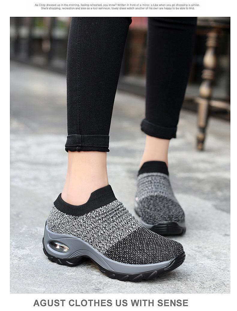 Stevvex women's knitted chunky sneakers with air cushion platform, gray/black slip-on sock shoes on Tampa Home & Garden Store