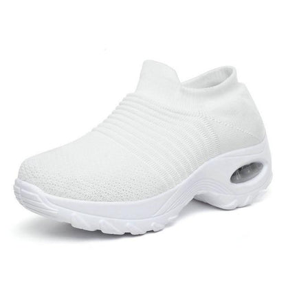 Women's white knitted sock sneakers with chunky platform Stevvex mesh air-cushion walking shoes on Tampa Home & Garden Store