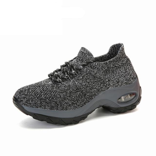 Women's knitted chunky platform sneakers Stevvex gray/black mesh upper air cushion sole on Tampa Home & Garden Store