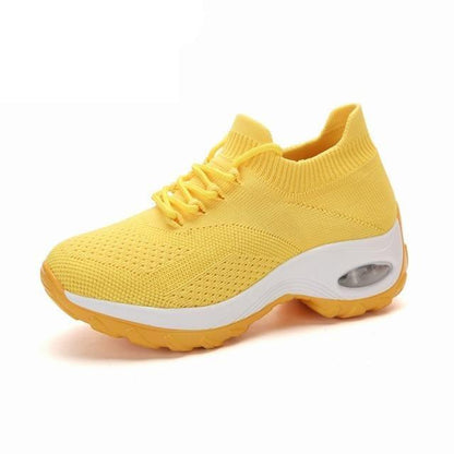 Stevvex women's knitted chunky platform sneakers yellow mesh upper with air cushion outsole on Tampa Home & Garden Store