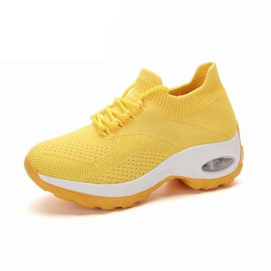 Stevvex women's knitted chunky platform sneakers yellow mesh upper with air cushion outsole on Tampa Home & Garden Store