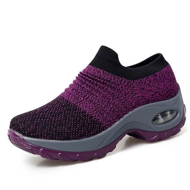 Women's knit sock sneakers Stevvex purple black chunky platform sole air cushion slip-on on Tampa Home & Garden Store