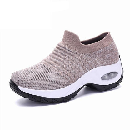 Stevvex women's knit sock sneakers, beige platform mesh upper with white midsole on Tampa Home & Garden Store